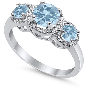 Three Stone Simulated Aquamarine CZ Wedding Ring 925 Sterling Silver